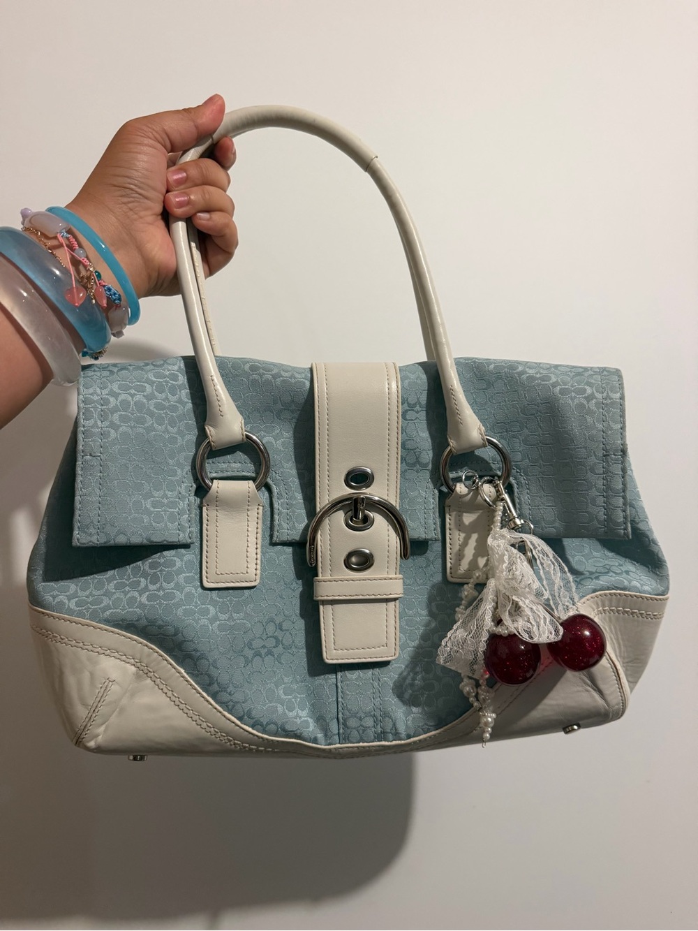 Light Blue and Cream Leather-Trim Coach Satchel Handbag